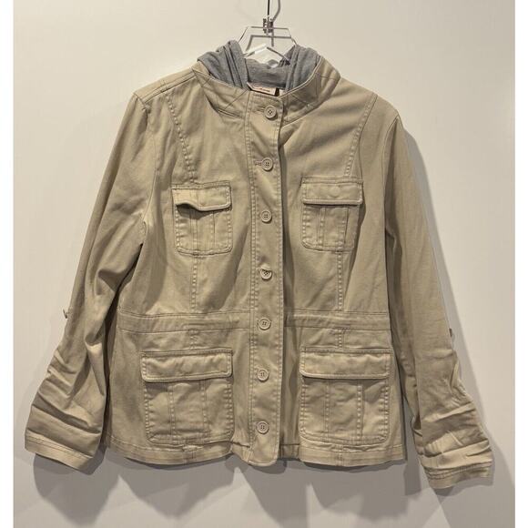DKNY Jeans Tan Mixed Media Hooded Utility Jacket Womens XL - Picture 1 of 6